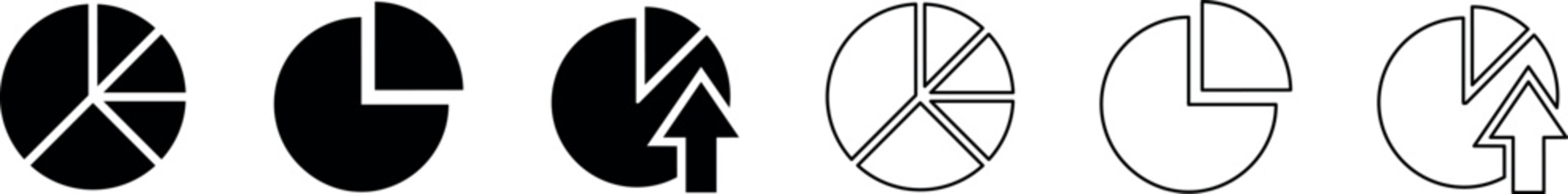 Pie chart and pie chart with upward arrow icons in black and outline styles