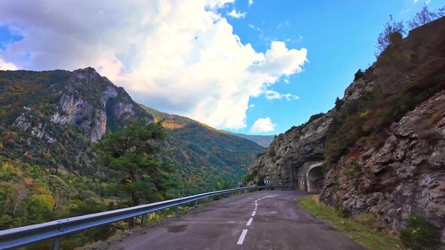 Driving through the Selva de Oza forest in Valley of Hecho, green broad-leaf and coniferous mixed forest. Occidental Valleys Natural Park, Aragonese Pyrenees, Huesca Province, Spain