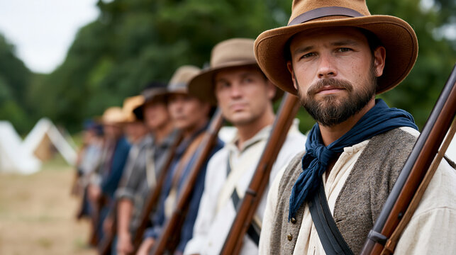 Stern civil war soldier wearing hat and holding rifle, standing in a line with fellow reenactors in traditional costumes, commemorating american history and heritage outdoors