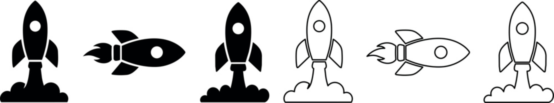 Set of black and outline rocket icons in vertical and horizontal positions with launch smoke