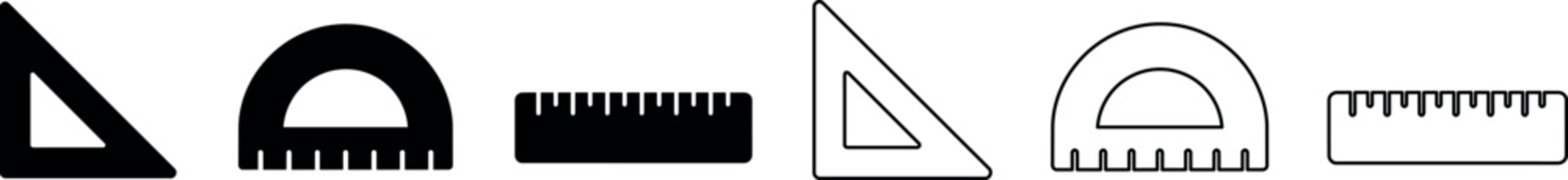 Set of six black and white geometric rulers including triangle, protractor, and straight ruler icons