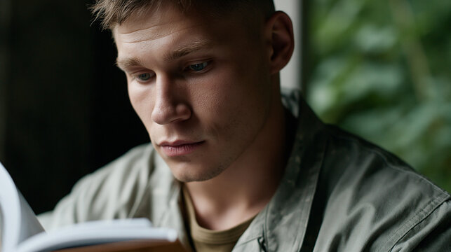 Young man studying intently, focusing on a book, actively engaged in education, learning, and developing concentration skills for academic success
