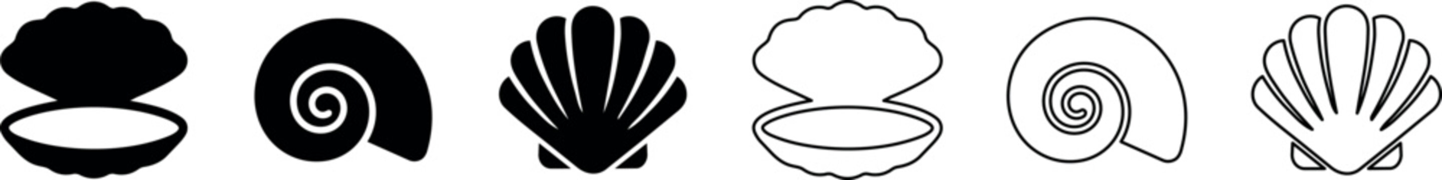 Black and white seashell and clam shell icon set with outline and silhouette styles