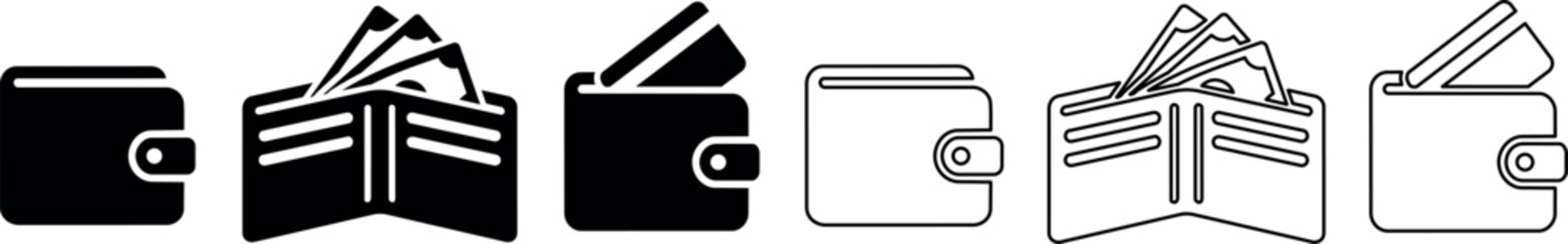 Set of wallet icons showing closed and open wallets with cash and cards