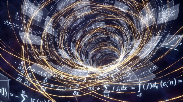 Futuristic abstract physics vortex tunnel with complex math formulas and scientific equations floating in a glowing gold wormhole