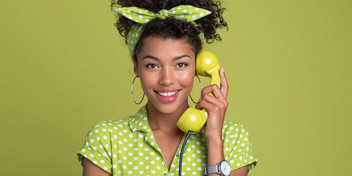 Photo of modern black 1950s housewife talking on retro phone