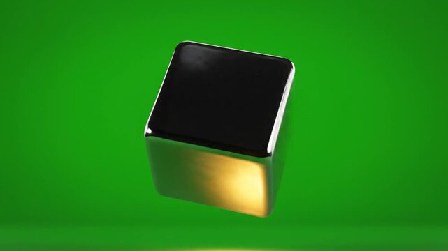 Shiny metallic cube rotating smoothly on a green chroma key background