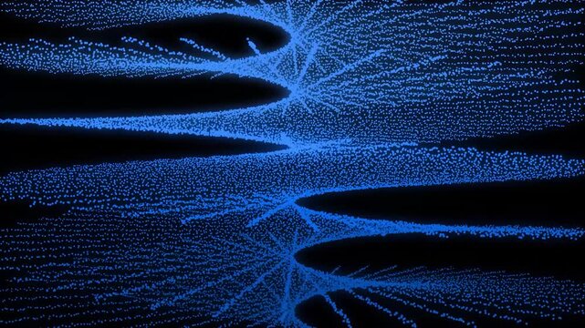 Abstract blue motion background with glowing particles forming a dynamic digital wave structure in dark space