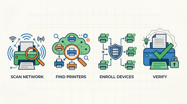Network administrators scan and verify devices with security checks and printer enrollment in an office environment remotely.