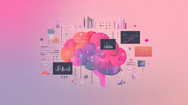 Stylized human brain composed of digital data points and charts.