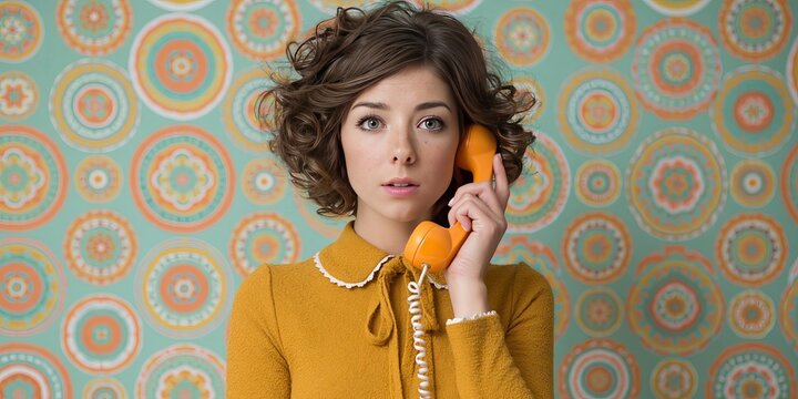Photo of modern 1970s housewife talking on retro phone
