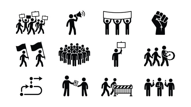 Set of protest and demonstration black icons on white background.