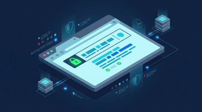 A secure web browser interface displays cybersecurity information and symbols while highlighting data protection features in a digital setting