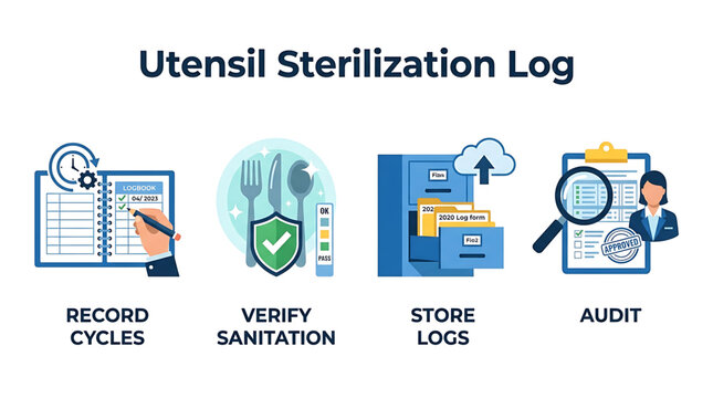 A detailed illustration of a Utensil Sterilization Log process with clipboard, sanitation verification, log storage, and audit icons.