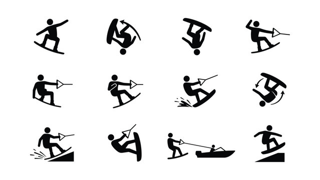 Set of wakeboarding and snowboarding action icons and silhouettes.