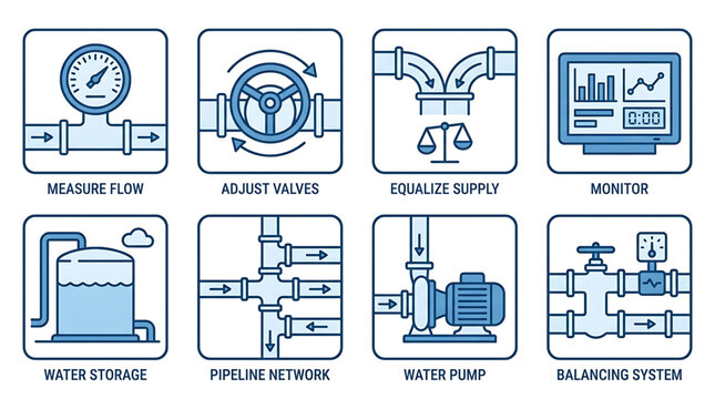 Plumbing system icons display measure flow, adjust valves, equalize supply, monitor, water storage, pipeline network, water pump, balancing system.