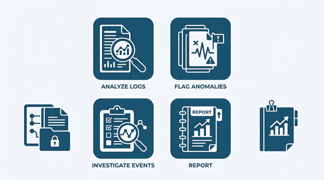 The graphic illustration depicts six icons representing business data analysis processes on a light background.