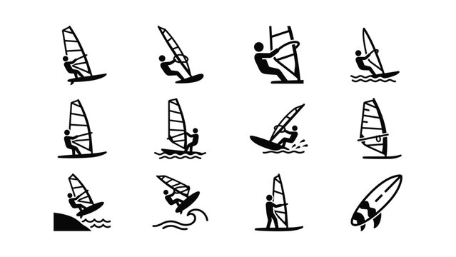 Set of windsurfing icons depicting people riding waves and performing maneuvers.