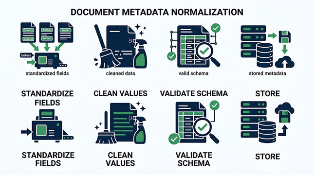 Document metadata normalization process with standardize fields and clean values for data validation and storage.
