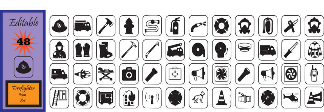 Set of 48 firefighter icon set. Editable stroke. Vector illustration