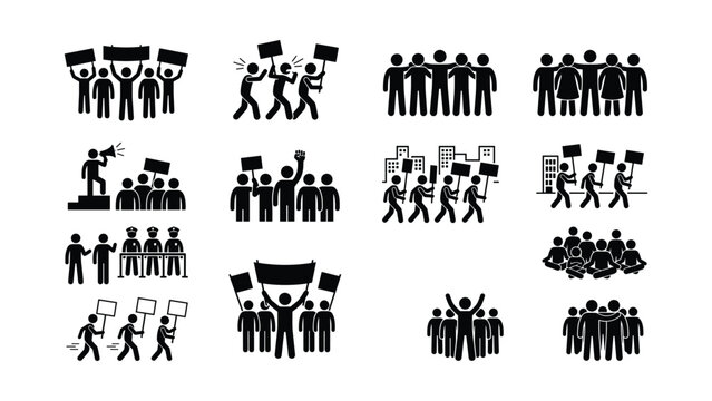 Set of stick figure icons depicting people protesting and demonstrating.
