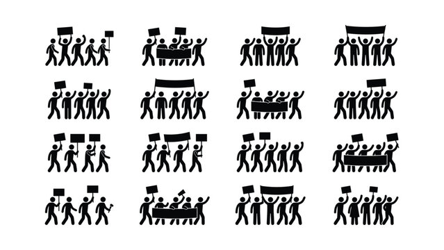 Set of stick figure silhouettes of protesters holding banners and signs.
