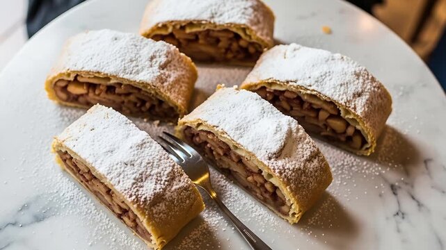 Delicious apple strudel, dusted with powdered sugar, sits on a marble plate, ready to be enjoyed with a fork.