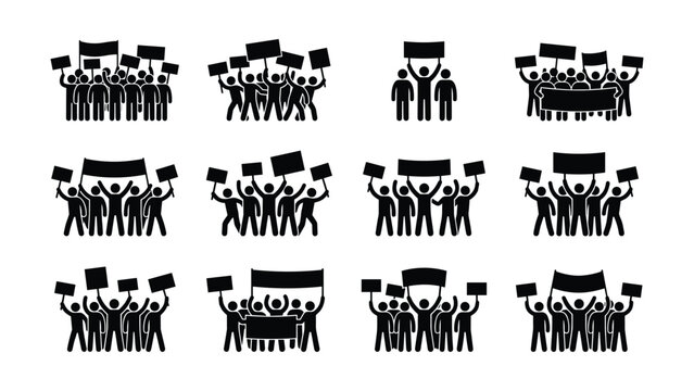 Set of stick figure silhouettes protesting with signs and banners.