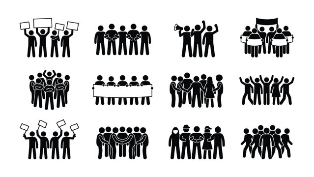 Set of stick figure icons depicting groups of people protesting and demonstrating.