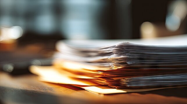 Thick stack of papers and folders on wooden desk.