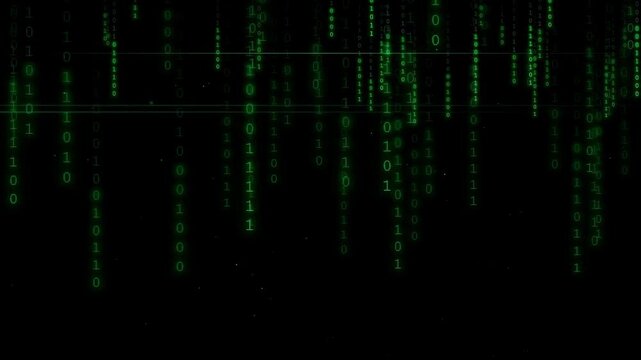 Digital rain of green binary code falling on a black background for technology concepts
