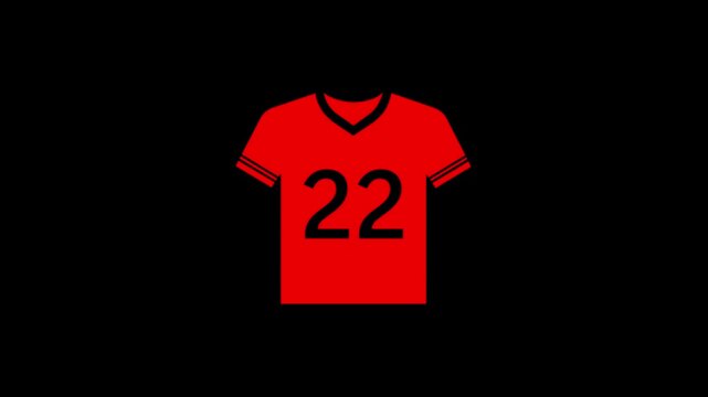 Red Color 22  Number Jersey  . Cricket and football uniform animation icon black background
