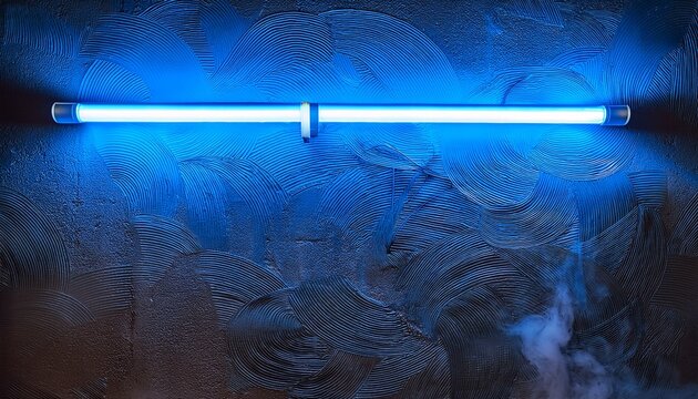 neon blue tube light illuminated against a textured dark blue and gray wall with abstract smoky patterns creating a modern artistic ambiance