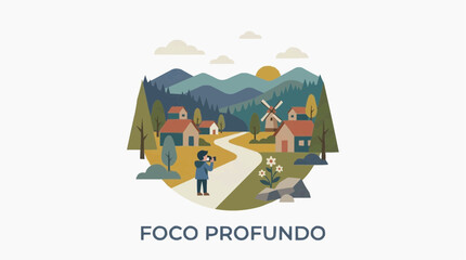 Obraz premium Focus on Nature: An illustrated scene depicts a person with a camera on a winding path through a picturesque village nestled amidst rolling hills and verdant forests, under a radiant sun.