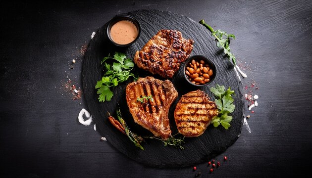 freshly grilled pork chops steaks vegetables coriander beans and sauce displayed on a black slate with a dark background accented with herbs and foam creating an artistic copy space image