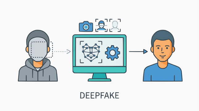 Flat illustration of deepfake technology concept showing face recognition and digital manipulation process with computer and two male characters, AI vector scene