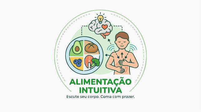 Flat illustration of intuitive eating concept with person listening to body hunger cues and balanced food plate, mindful nutrition and wellness vector scene