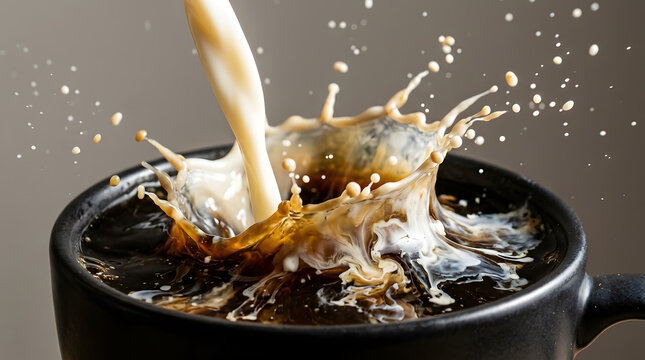 Cream being poured into black coffee cup with dynamic splash