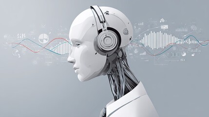 White humanoid robot wearing headphones with digital sound waves.