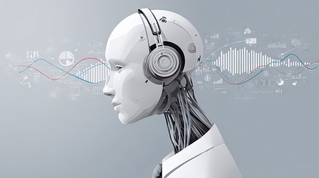 White humanoid robot wearing headphones with digital sound waves.