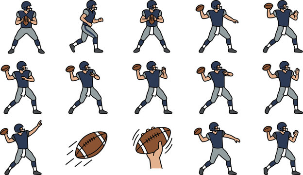 American Football Player Throwing Motion Sequence and Action Icons.