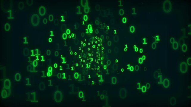 Abstract Digital Binary Code Stream Flowing Through Dark Space with Green Glowing Numbers