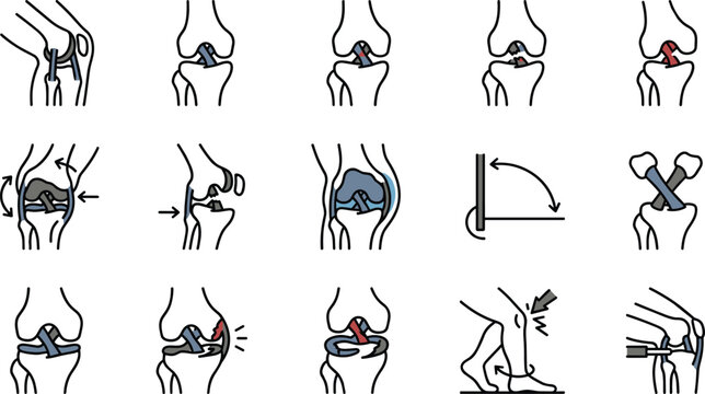 Set of medical knee joint anatomy and injury icons.