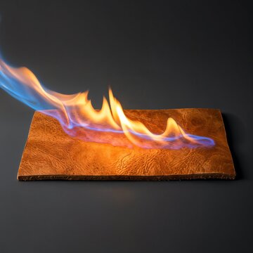 Textured brown leather material sample with a blue and orange flame passing over it on a dark background