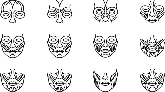 Set of human facial muscle anatomy line art icons.