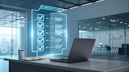 Obraz na płótnie Canvas Modern office desk with laptop and glowing checklist on screen in a corporate environment with city view