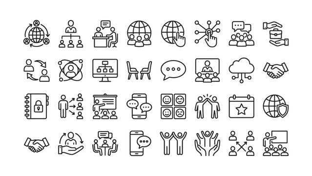 Black and white line icons set for business communication teamwork collaboration and networking concepts  various workplace related graphics