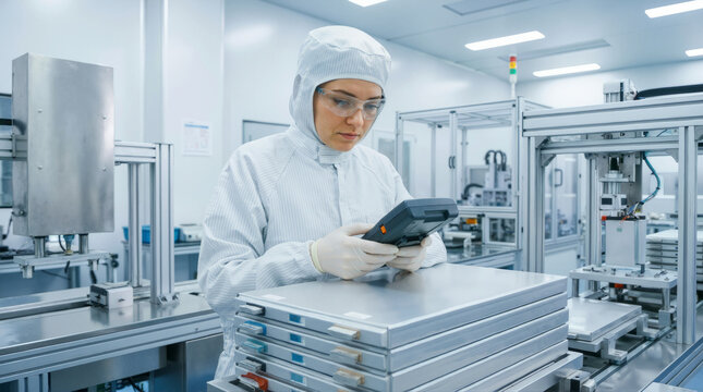 Female technician in cleanroom suit testing electric vehicle battery modules. Worker inspecting lithium ion cells with digital device in modern high tech manufacturing factory