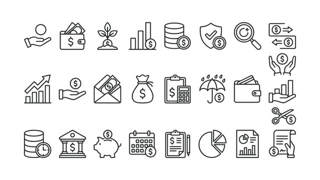 Collection of various financial and business icons such as money charts graphs and banking symbols in a simple line style