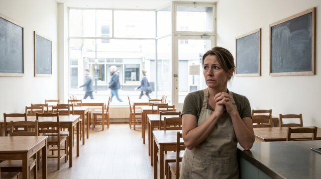 Worried female cafe owner standing in empty restaurant. Anxious small business manager wearing apron looking at street with no customers. Economic recession and financial crisis concept